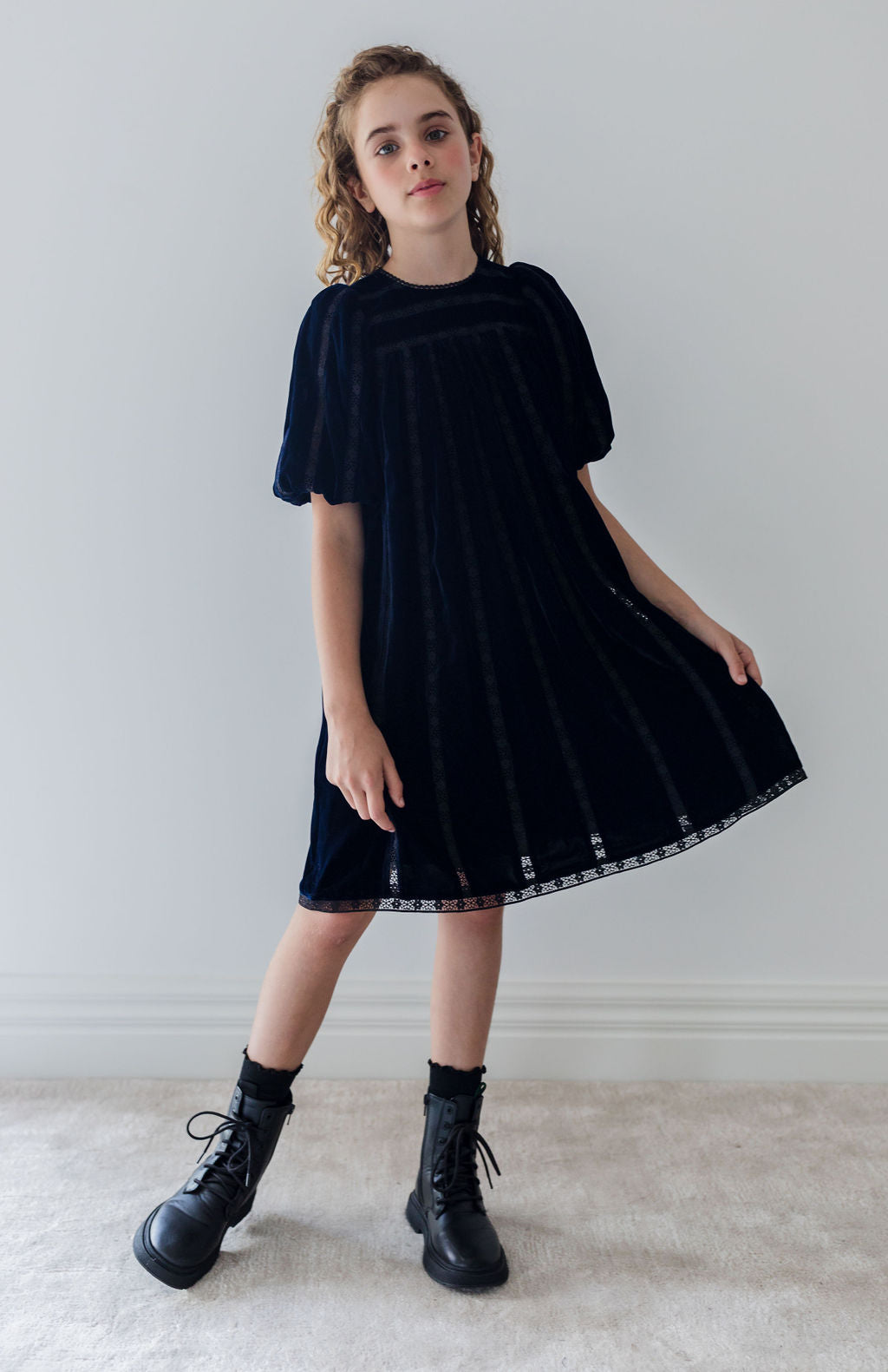 1348-Vertical Lace Velvet Dress-Navy/Black