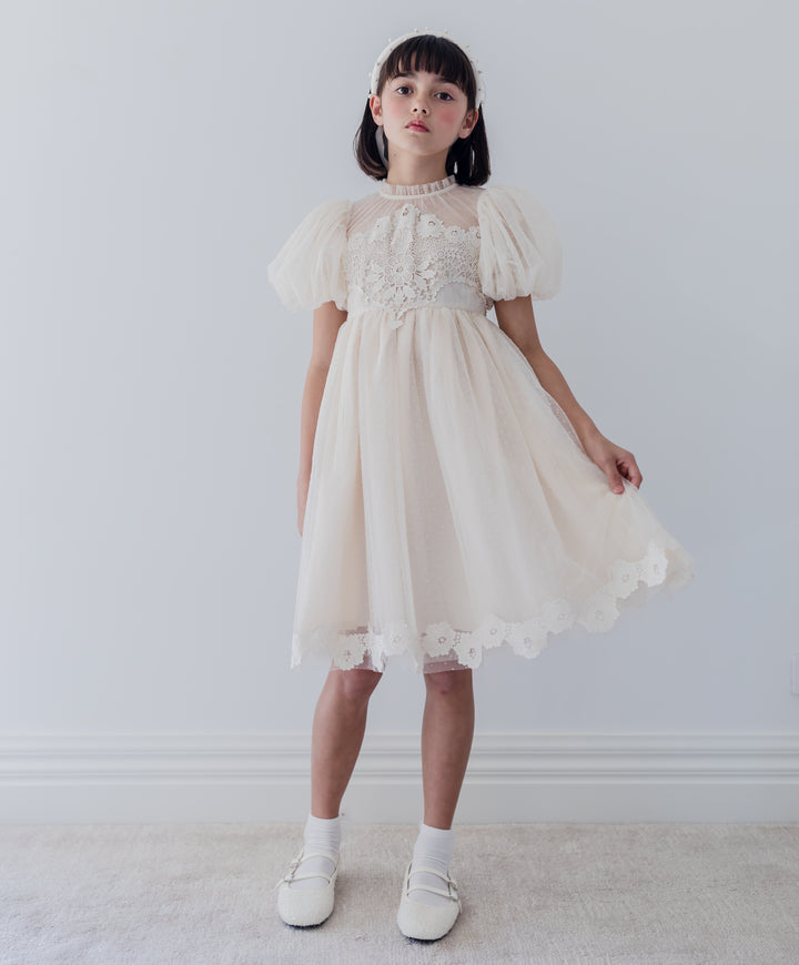 1399-VINTAGE APPLIQUE BODICE TULLE DRESS-VANILLA