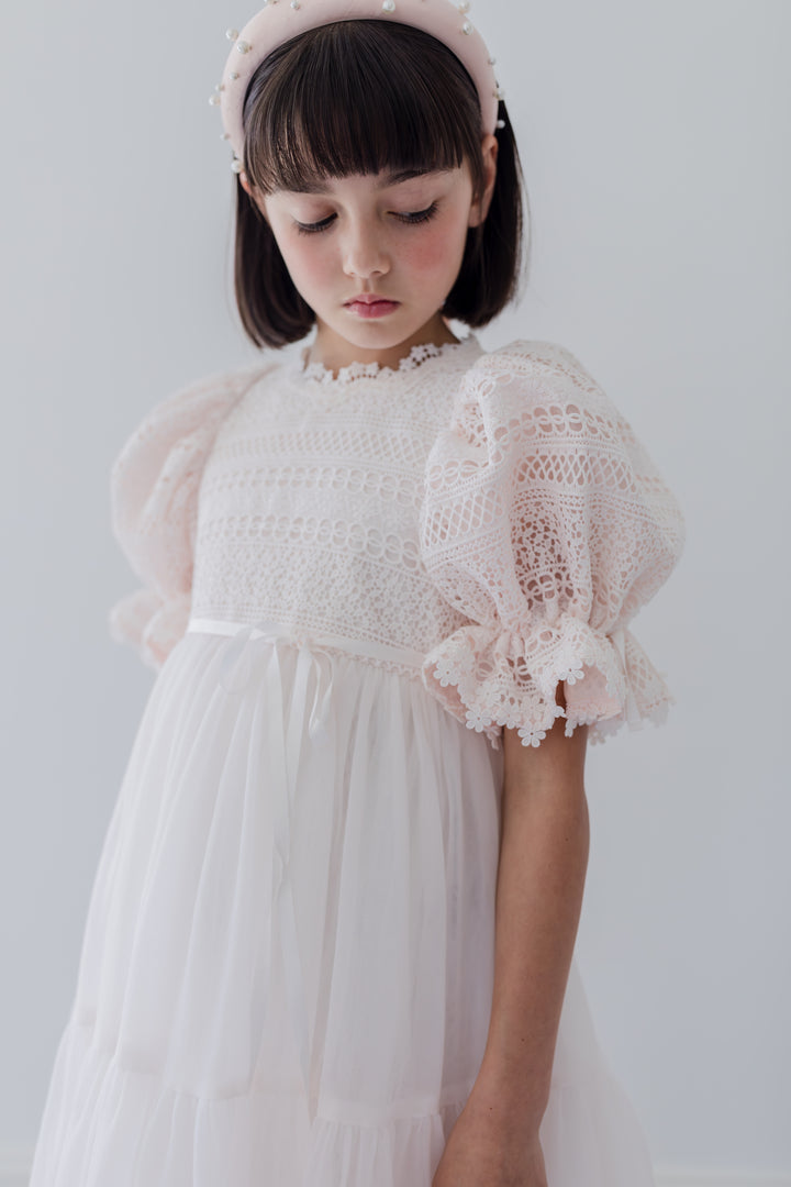 1419-DRESS-DAISY CHAIN LACE BODICE TULLE DRESS-ICE PINK