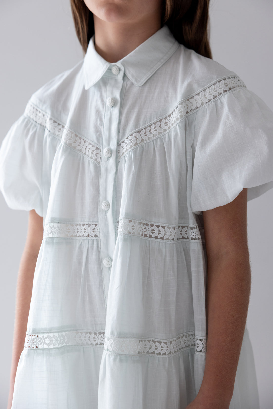 1420-ELBOW-ELBOW SLV WHISPER BLUE LACE HEM SHIRT DRESS