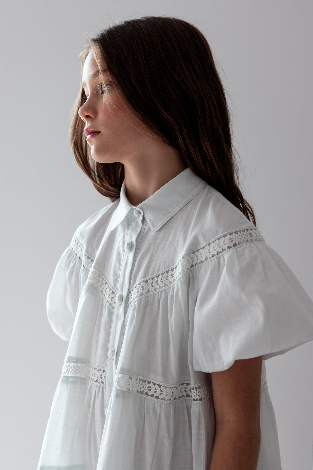 1420-ELBOW-ELBOW SLV WHISPER BLUE LACE HEM SHIRT DRESS