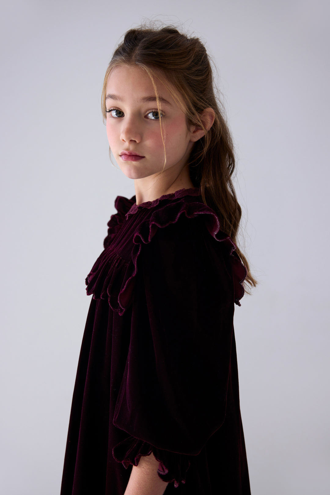 1484 Dark Cherry Lace Trim Velvet Dress - Dark Cherry