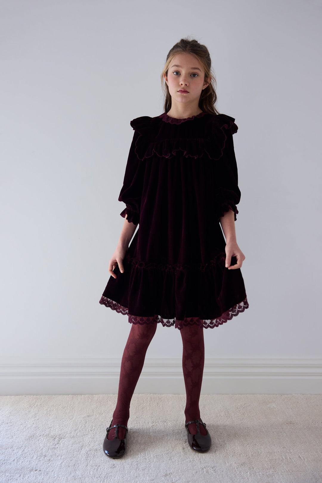 1484 Dark Cherry Lace Trim Velvet Dress - Dark Cherry