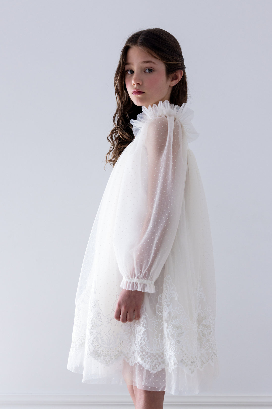 1489 Lace Applique Hem Spot Tulle Dress Cream