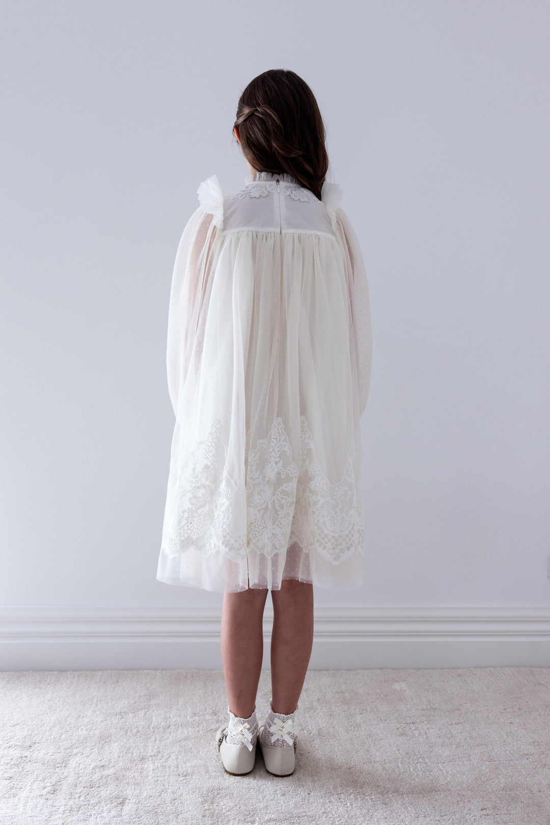 1489 Lace Applique Hem Spot Tulle Dress Cream