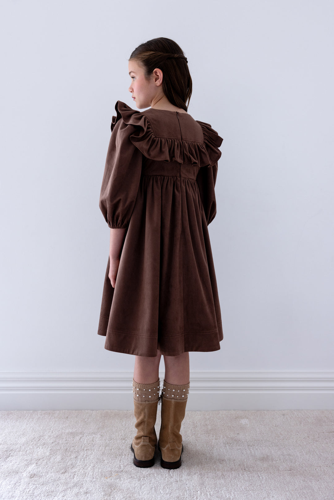 1507 Ruffle Yoke Cord Dress - Chocolate