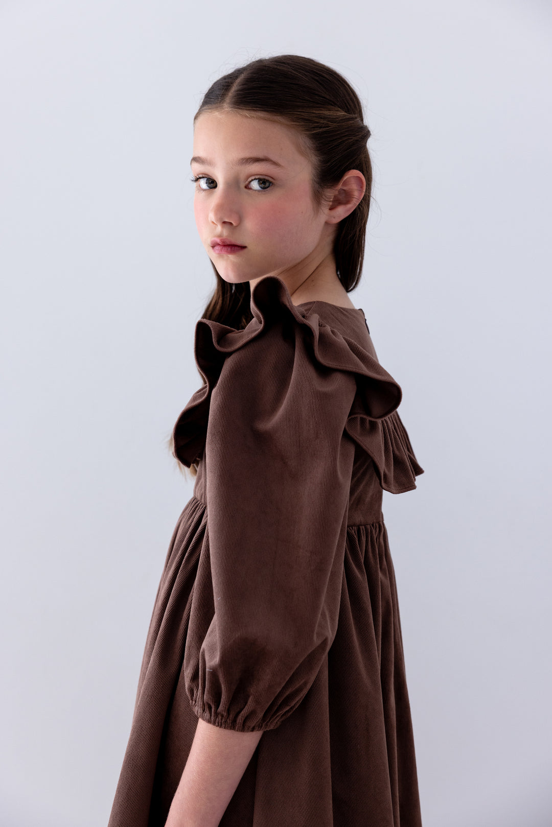 1507 Ruffle Yoke Cord Dress - Chocolate