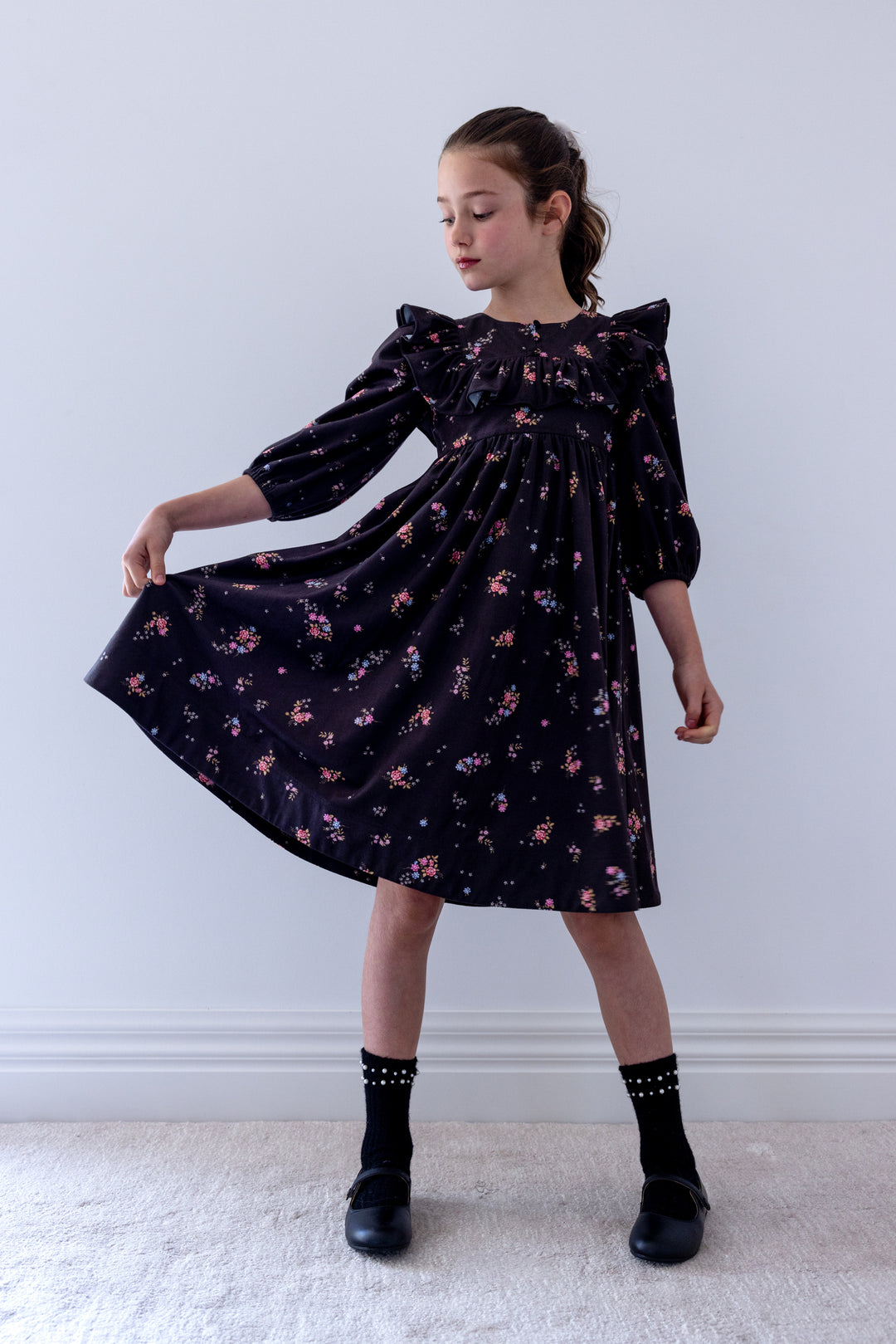 1507B Black Ditsy Ruffle Yoke Cord Dress - Black Ditsy