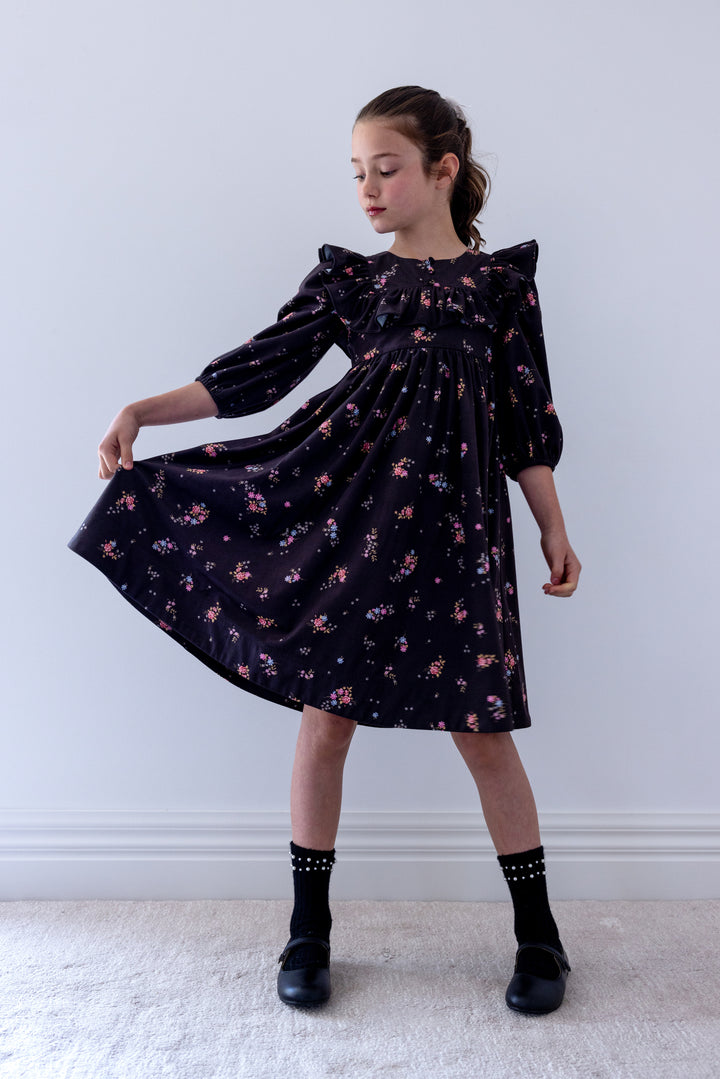 1507B Black Ditsy Ruffle Yoke Cord Dress - Black Ditsy