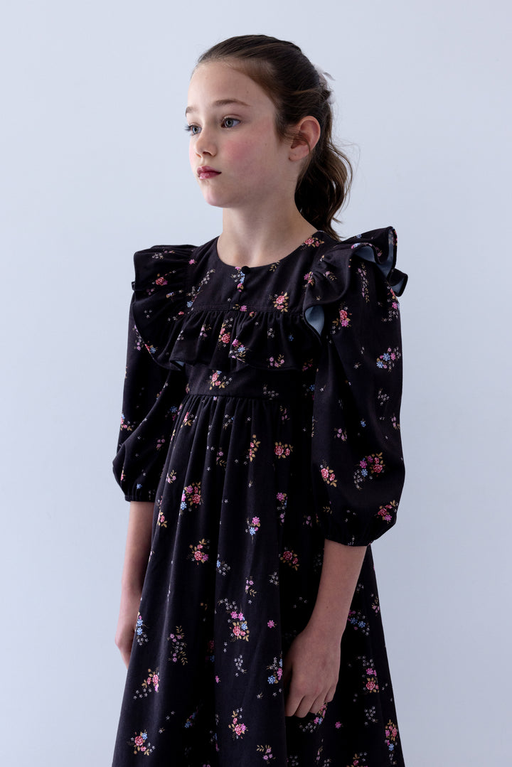 1507B Black Ditsy Ruffle Yoke Cord Dress - Black Ditsy
