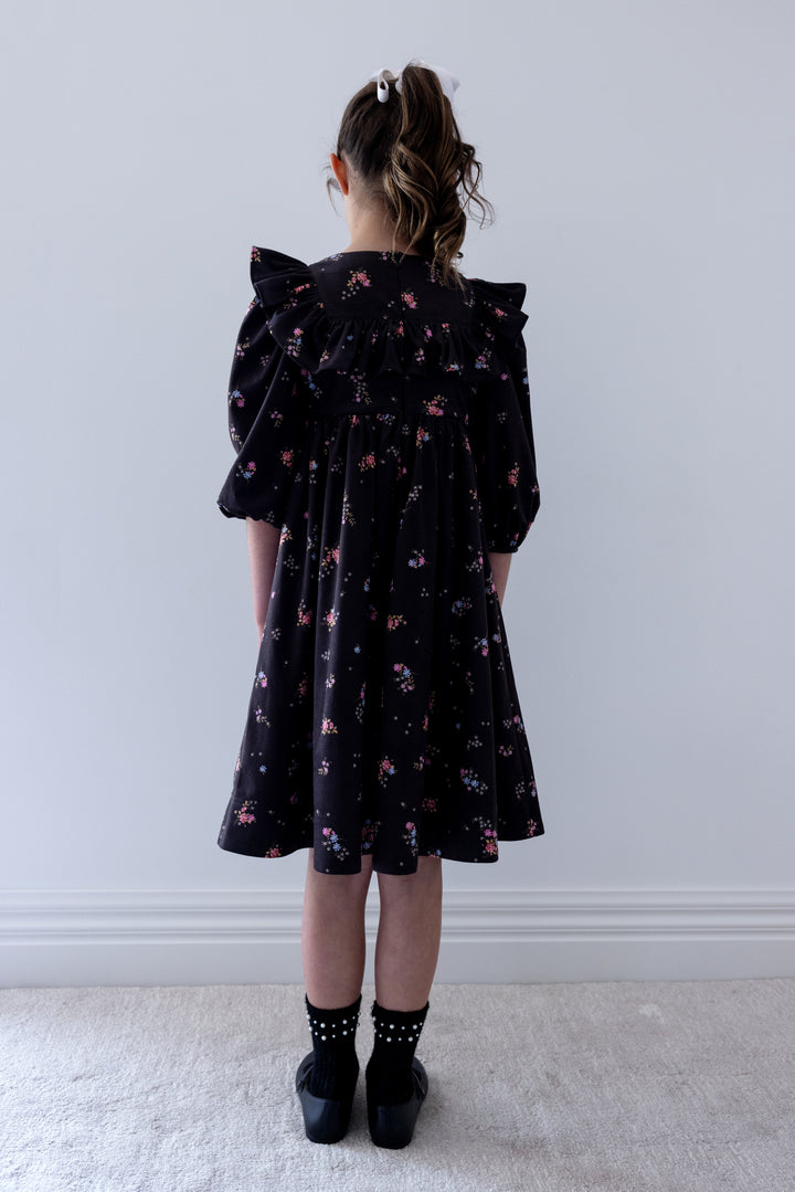 1507B Black Ditsy Ruffle Yoke Cord Dress - Black Ditsy