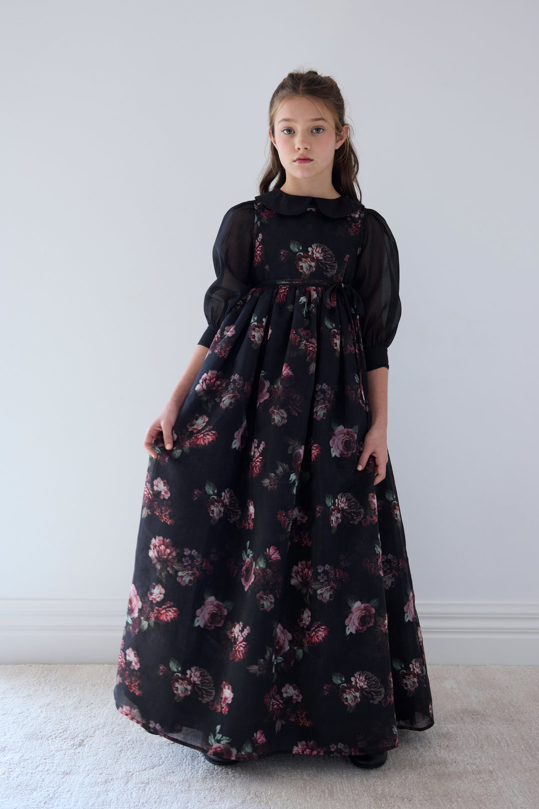 1569-GOWN Black Floral Organza Jumper - Black Floral