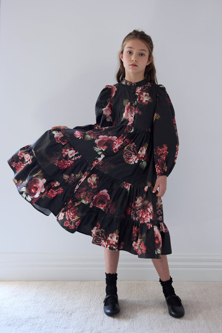 1571 Black Floral Poplin Dress - Black Floral