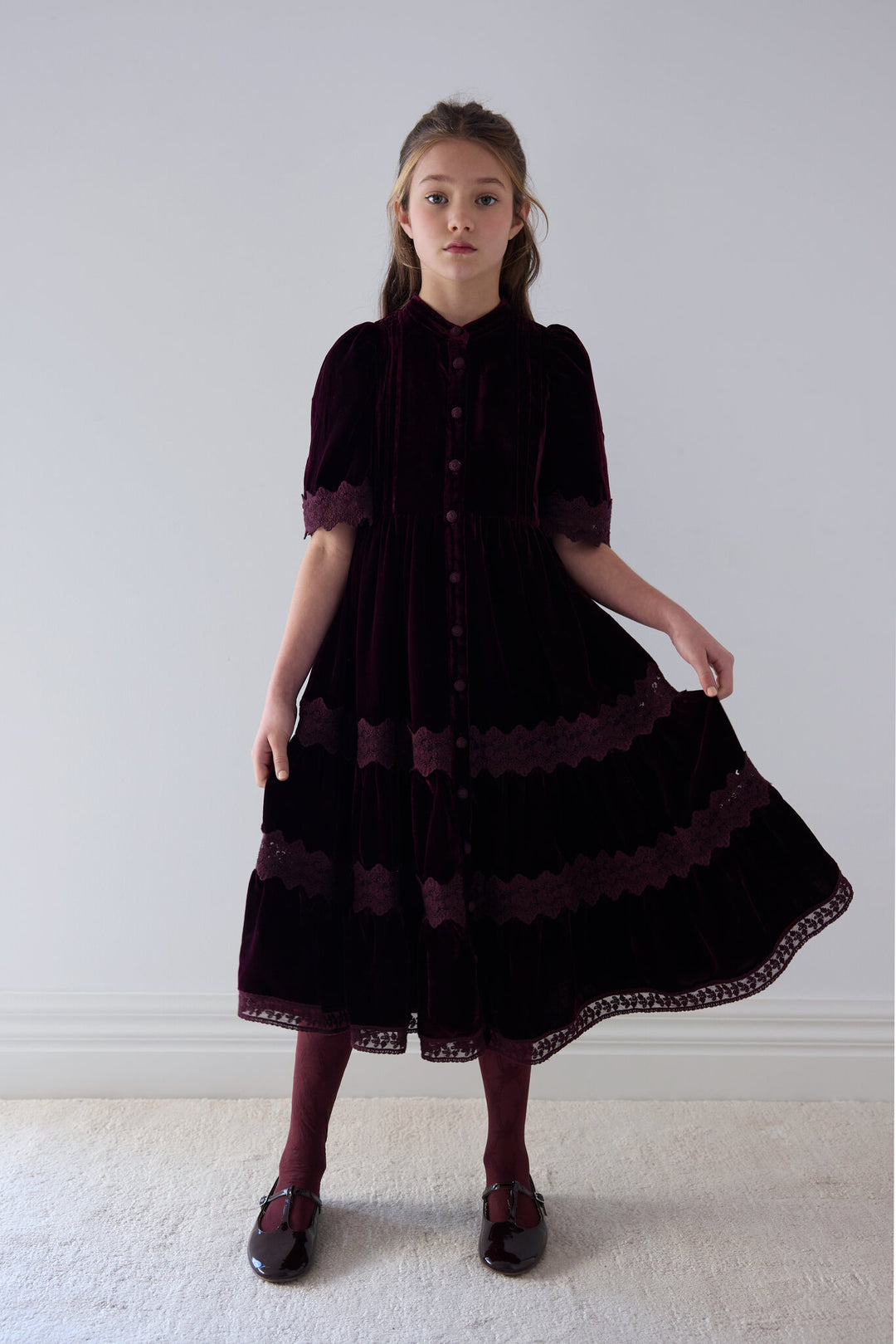 1573 Cherry Lace Velvet Midi Dress - Dark Cherry