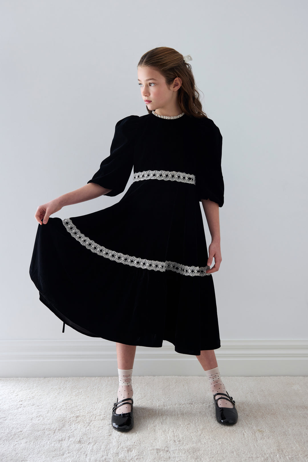 1574 Ribbon Lace Trim Velvet Dress - Black/ Cream Lace