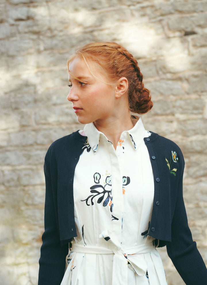 C-24658-Ribbed Knit Embroidered Cardigan Navy