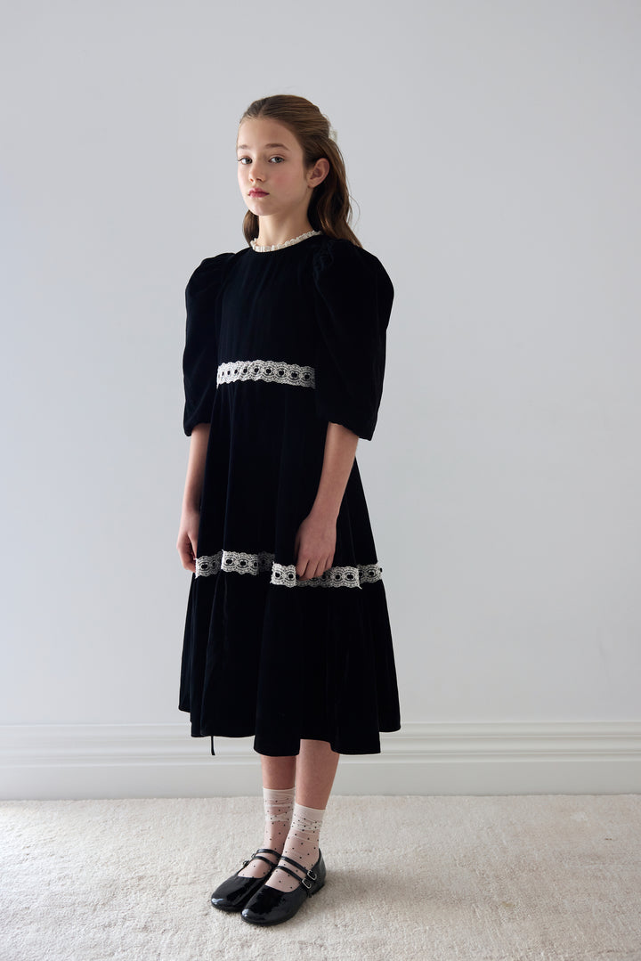 1574 Ribbon Lace Trim Velvet Dress - Black/ Cream Lace