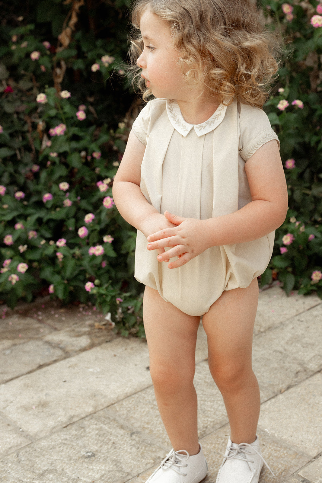NBB439 EMBROIDERED COLLAR ROMPER-TAN
