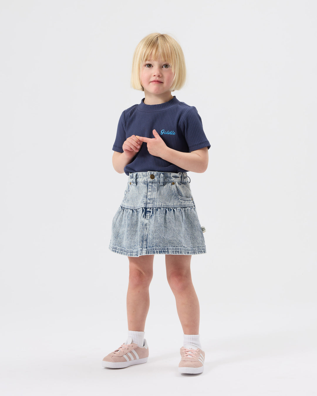 PINSTRIPE PEPLUM DENIM SKIRT