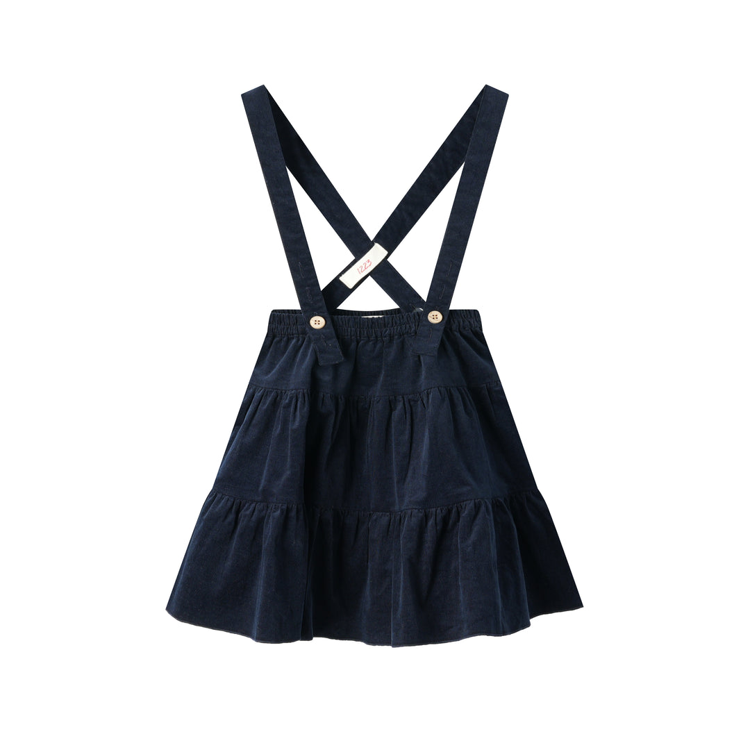 CORDUROY TIERED SUSPENDER SKIRT-NAVY