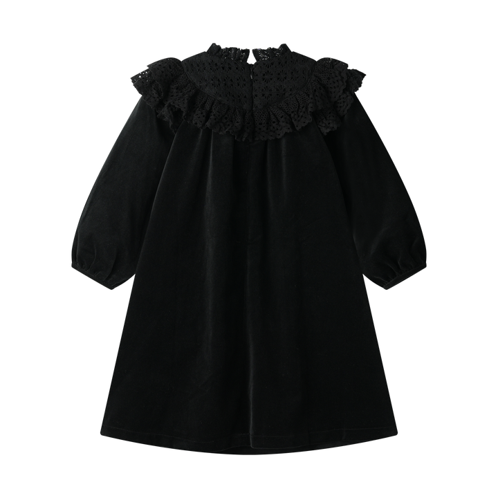 VELVET DRESS WITH LACE COLLAR-BLACK