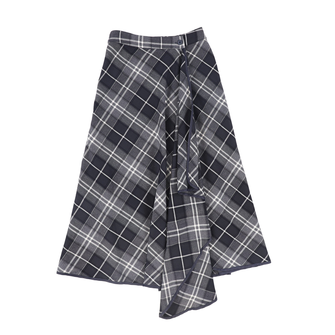 C-20661-Plaid Wrap Ruffle Maxi Skirt -Navy