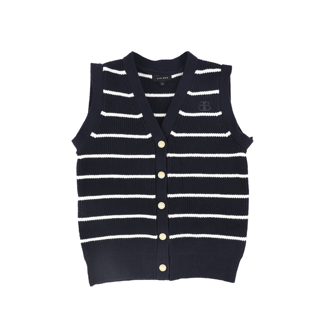 C-20805-Stripe Knit Button Down Vest -Navy