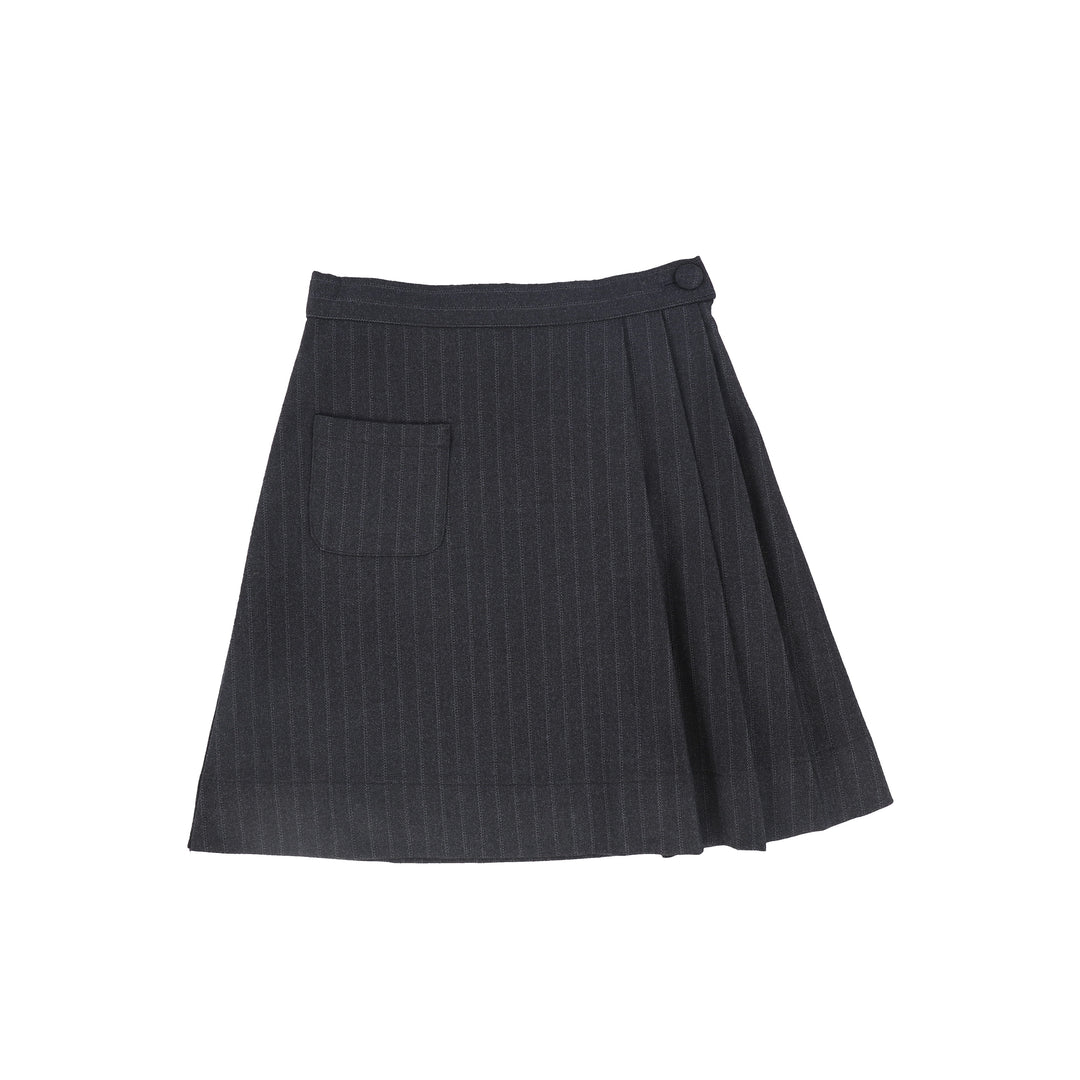 C-21032-Striped Button Skirt -Grey