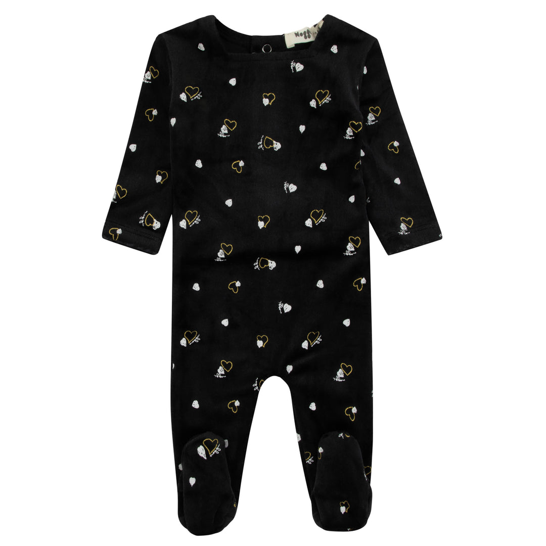 217219-145 Black Gold And White Heart Print Velour Heart Printed Footie