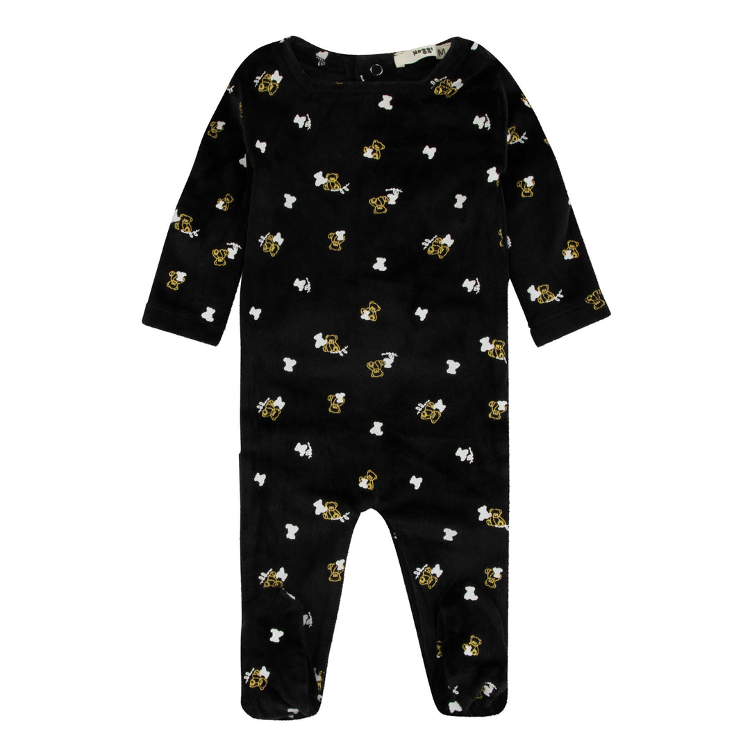 217219-170 Black Gold And White Teddy Print Velour Heart Printed Footie