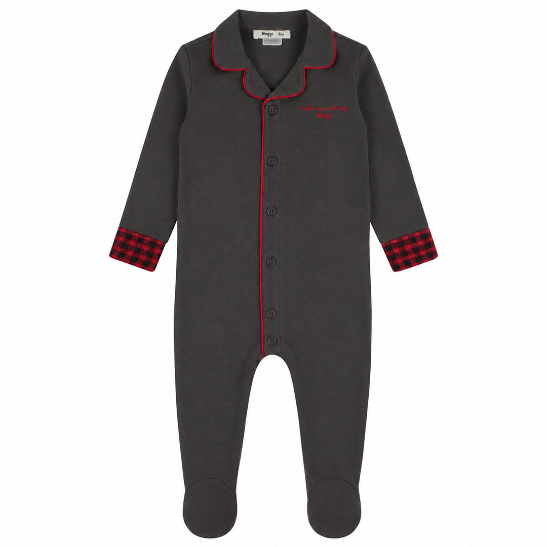217222-170 Grey Red Trim Button Down Gingham Footie