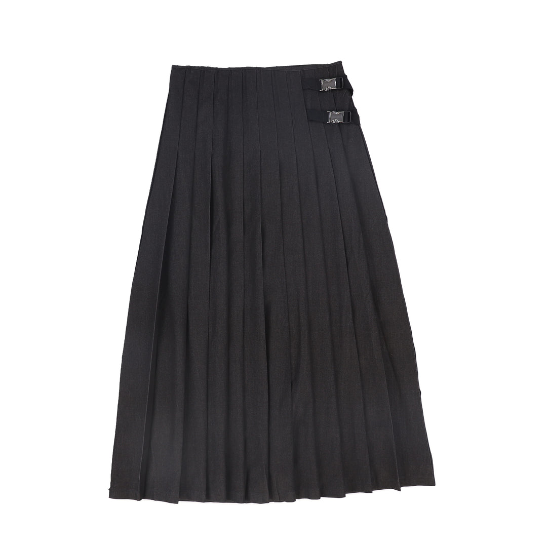 C-21930-Pleated Buckle Midi Skirt -Denim