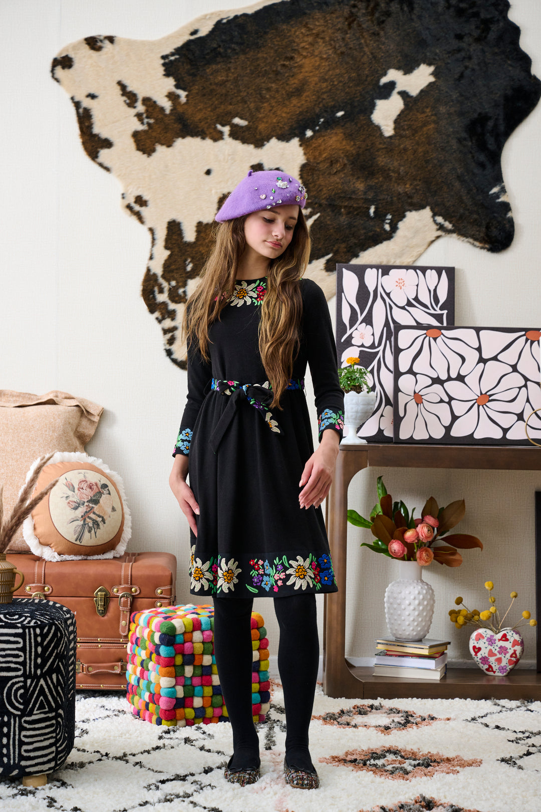 2272-BLACK WITH VIBRANT FLORAL EMBROIDERY DESIGN DRESS