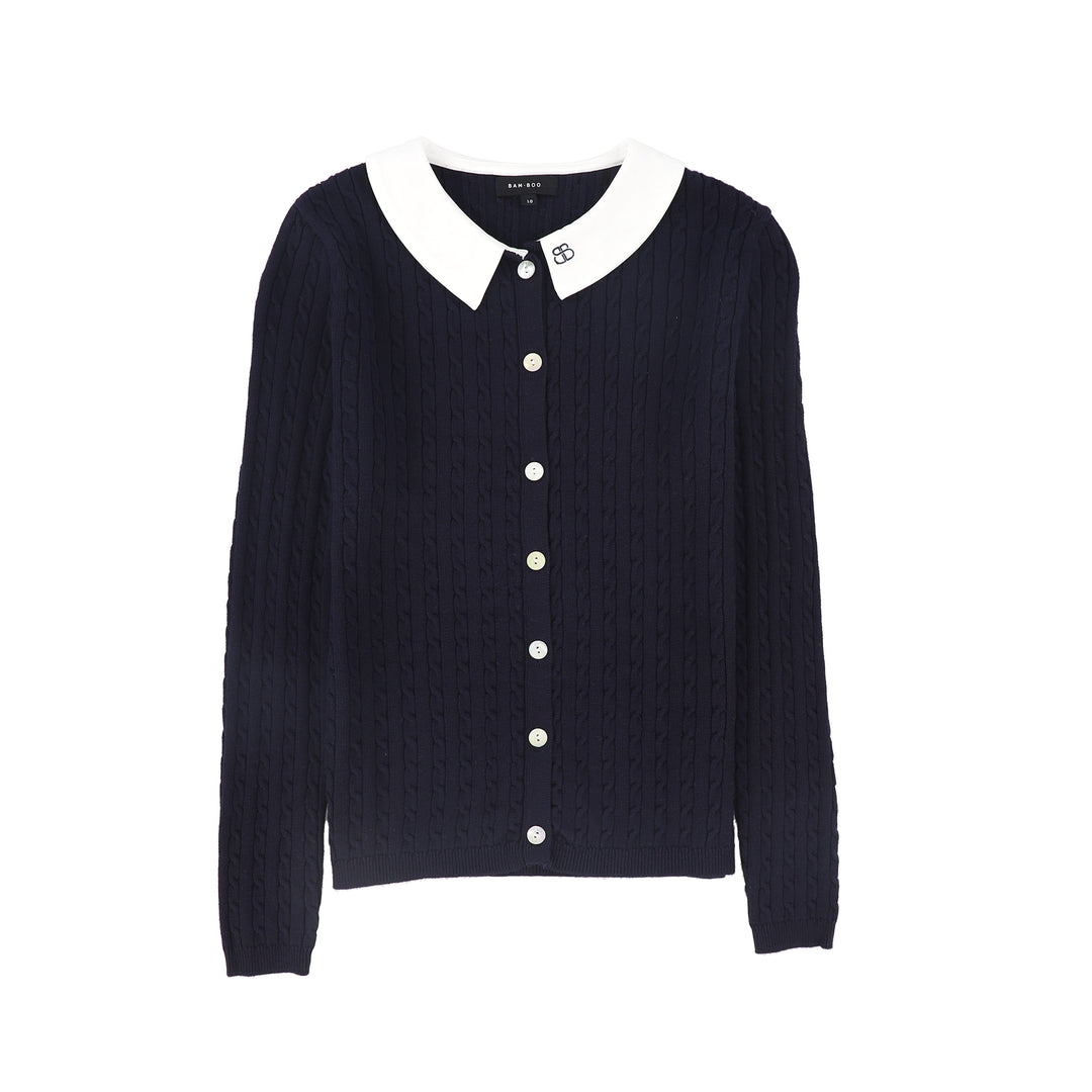 C-23150-Cable Knit Collar Cardigan -Navy