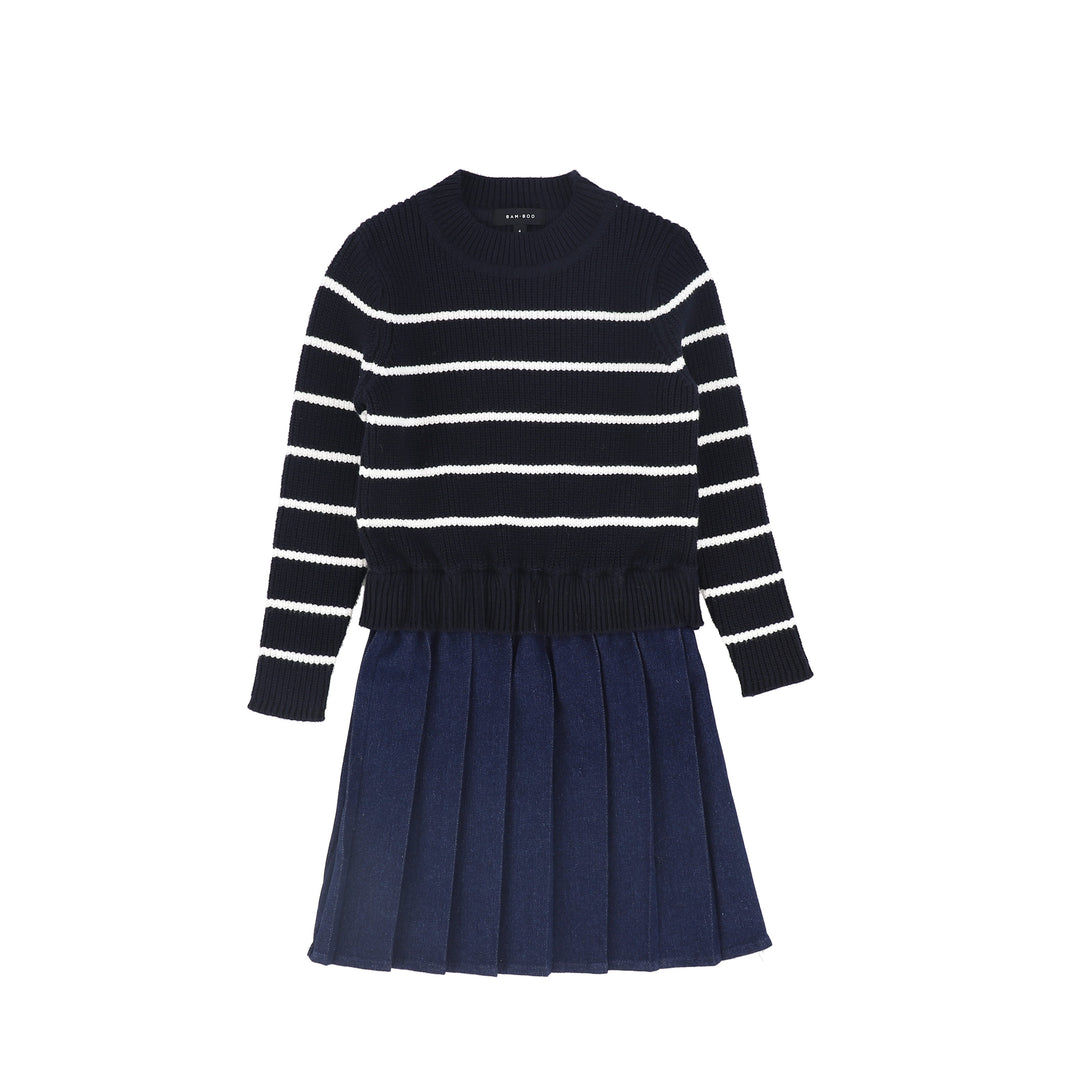 C-23257-Stripe Knit Pleated Dress -Navy