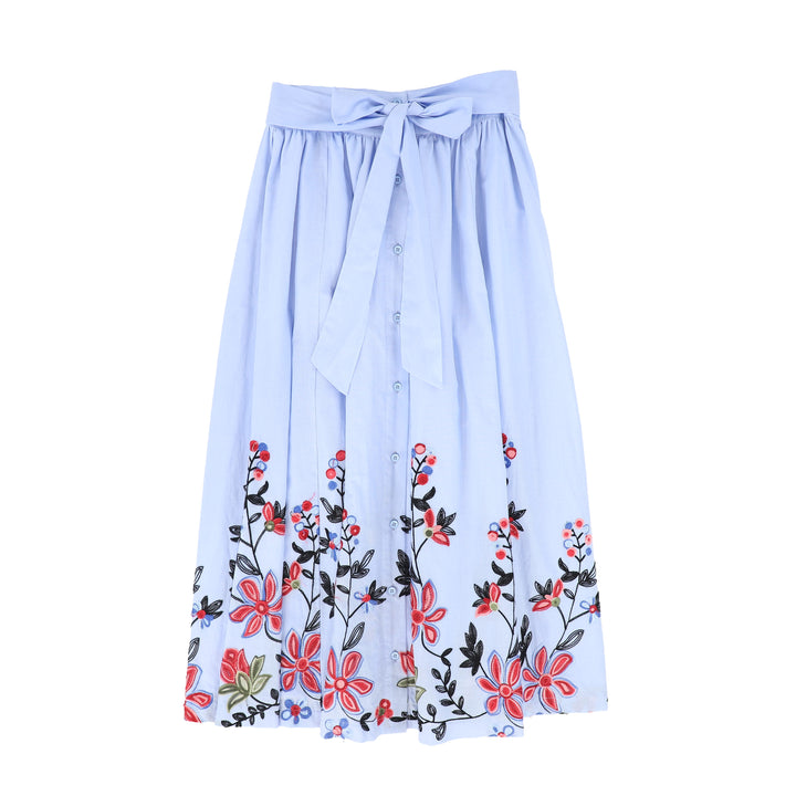 C-23562-Linen Embroidered Flower Hem Skirt Blue