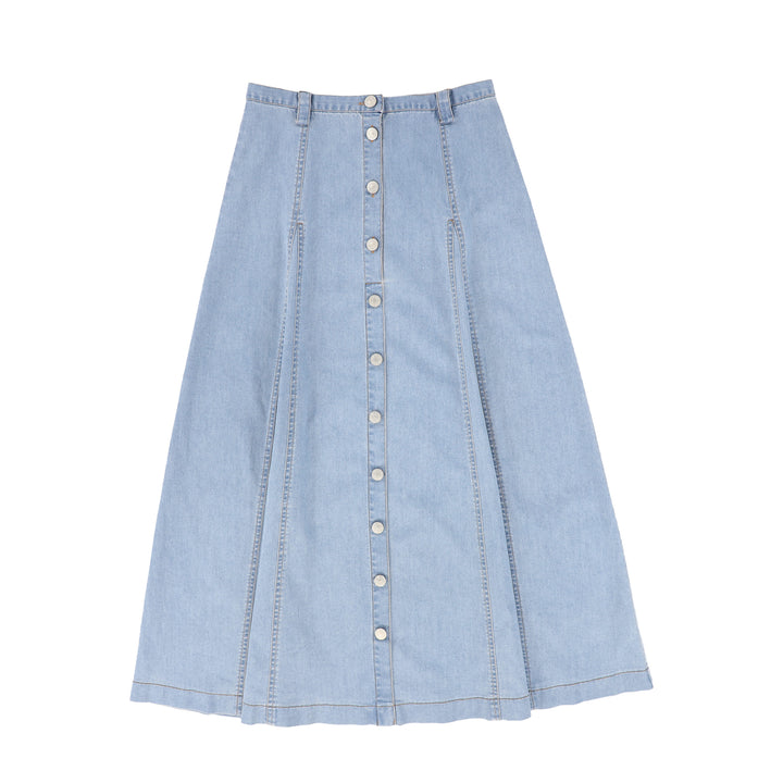 C-23572-Paneled Button Down Skirt LT Blue Denim