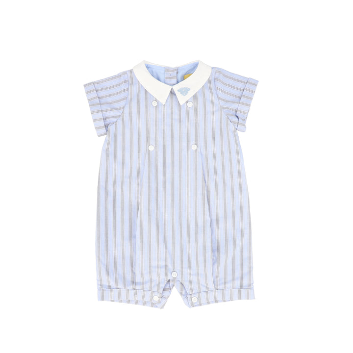 C-24028-Button Pleat Embroidered Collar Romper Blue