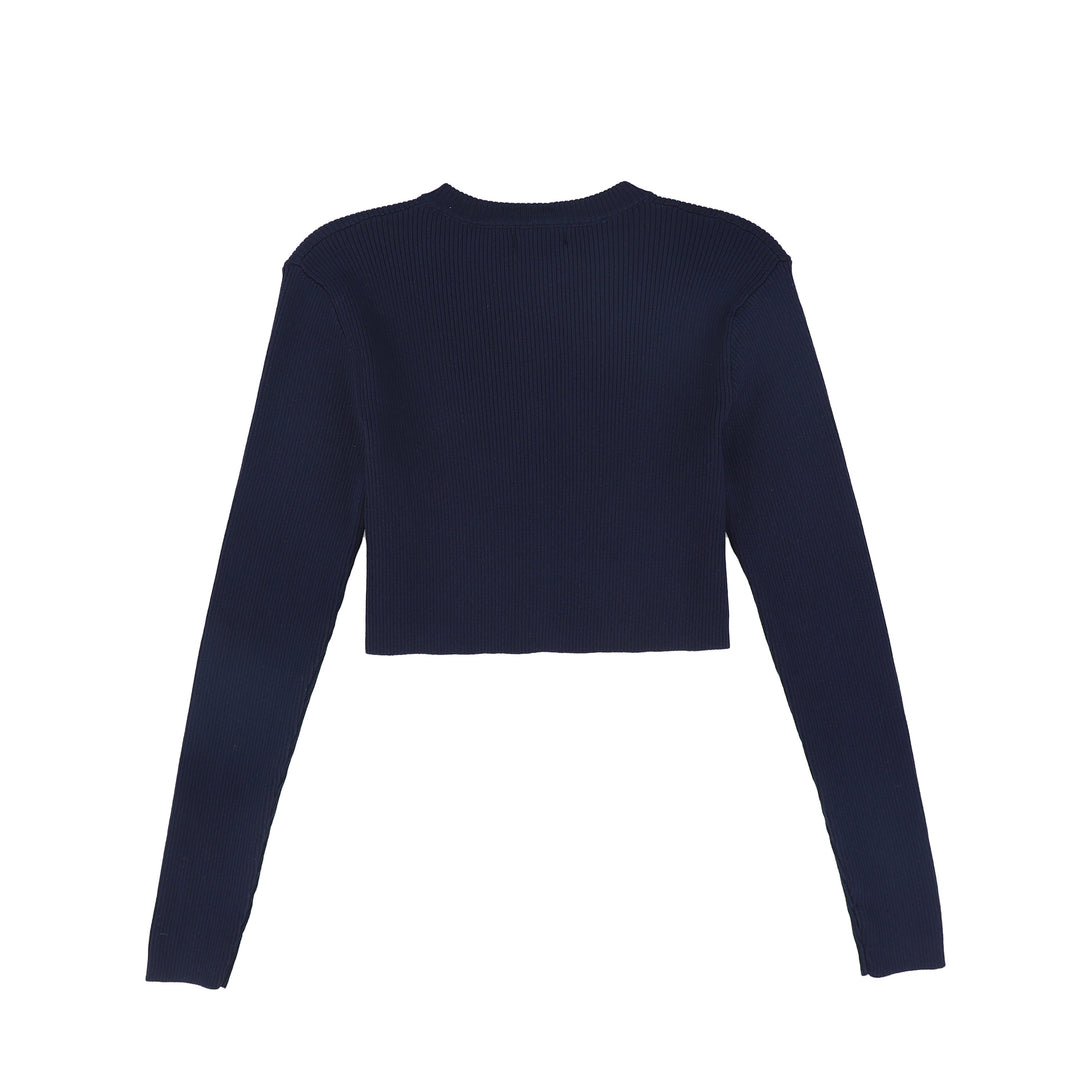 C-24658-Ribbed Knit Embroidered Cardigan Navy