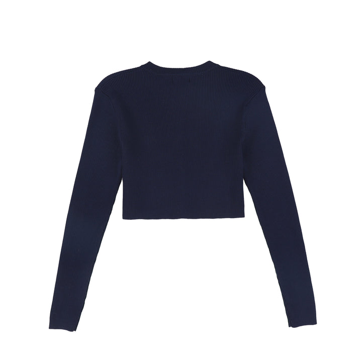 C-24658-Ribbed Knit Embroidered Cardigan Navy