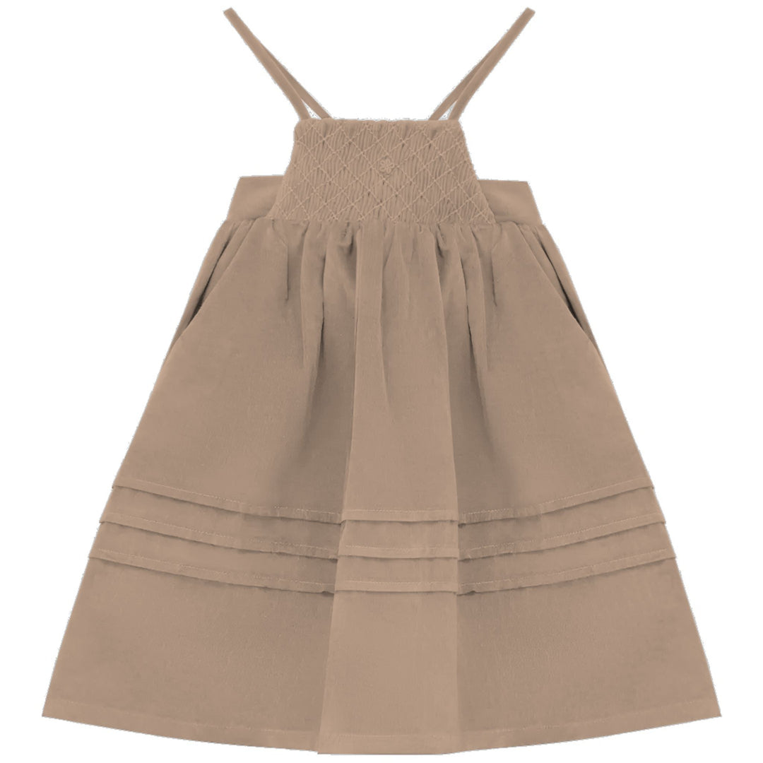 2510CA-GIRL DRESS W SMOCKING-CAMEL