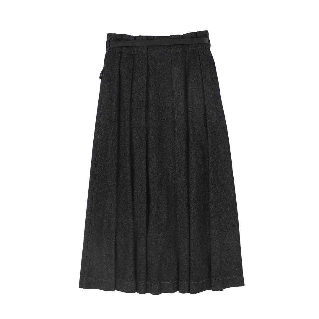 C-25183-Denim Cargo Pocket Pleat Skirt Black Denim