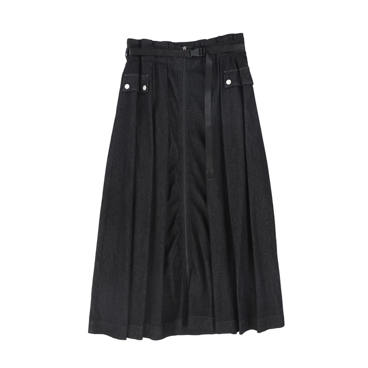 C-25183-Denim Cargo Pocket Pleat Skirt Black Denim