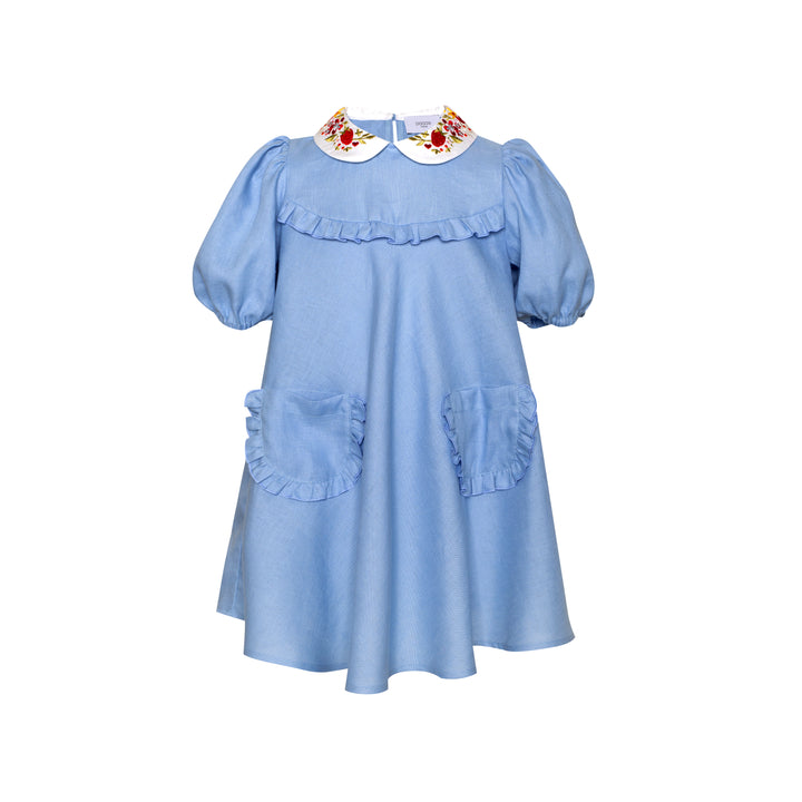 linen dress W/embroidered Collar-Blue