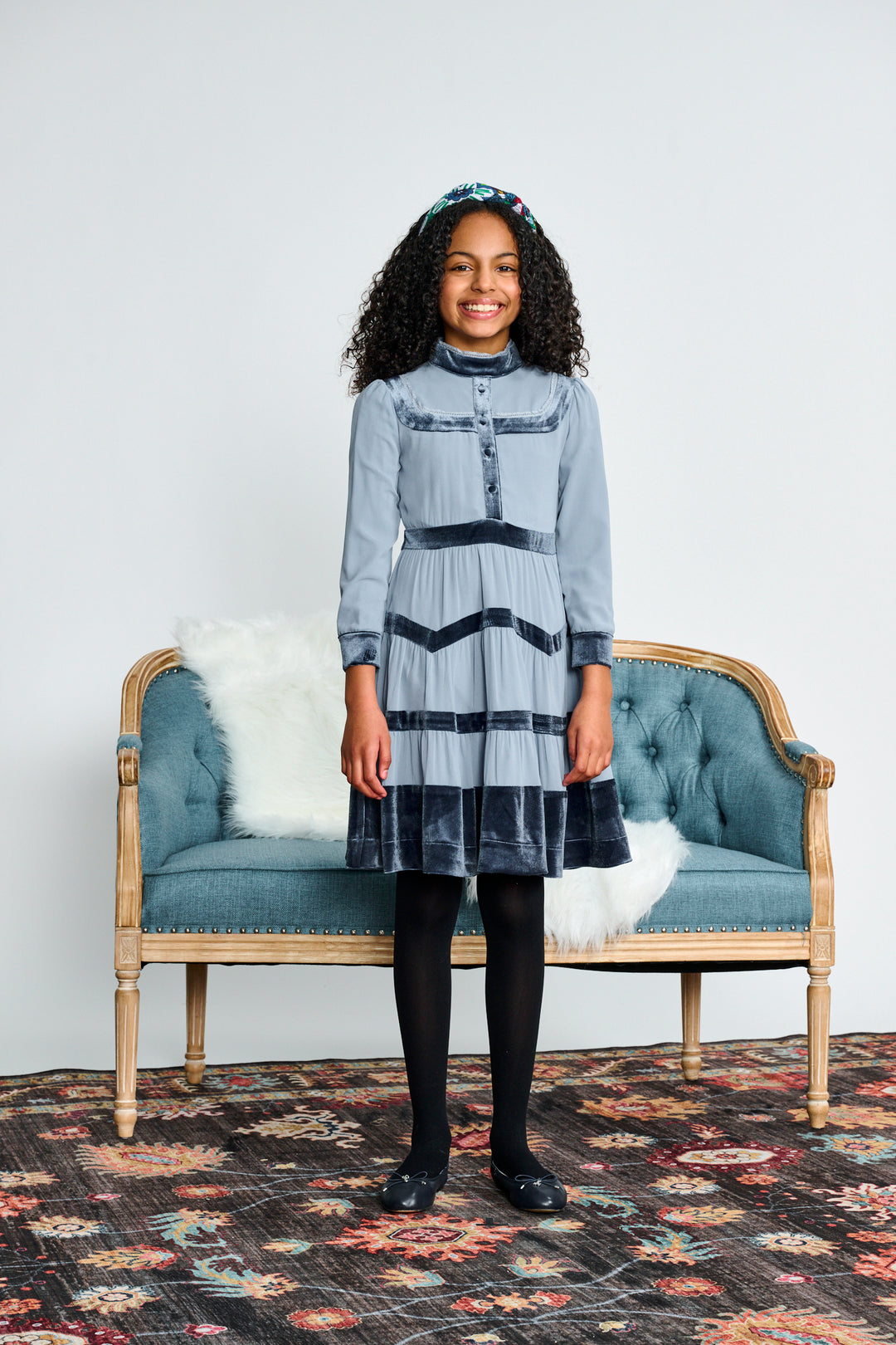 2601 DUSTY BLUE CHIFFON W/ VELVET ACCENT DRESS