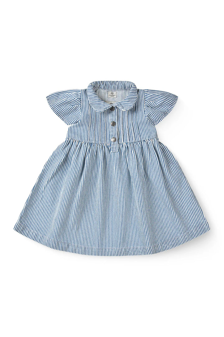 261-111-501 Y/D STRIPE DRESS W. FRILL SLEEVES - DENIM BLUE STRIPE