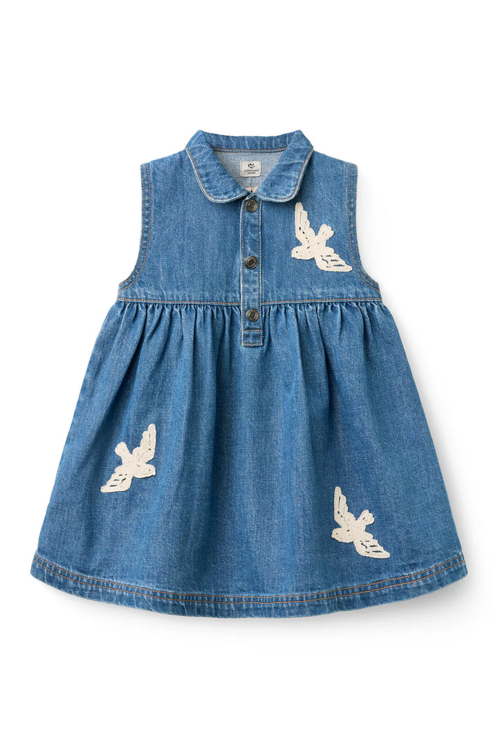 261-500-501 DENIM DRESS W. CROCHET DOVES - INDIGO BLUE WASHED