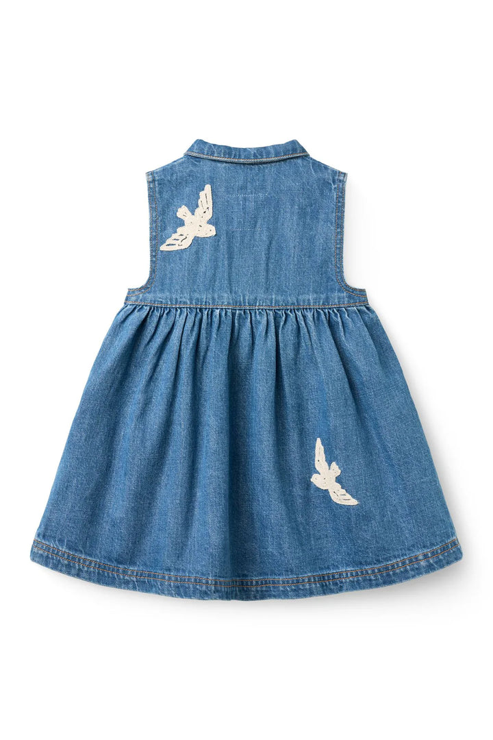 261-500-501 DENIM DRESS W. CROCHET DOVES - INDIGO BLUE WASHED