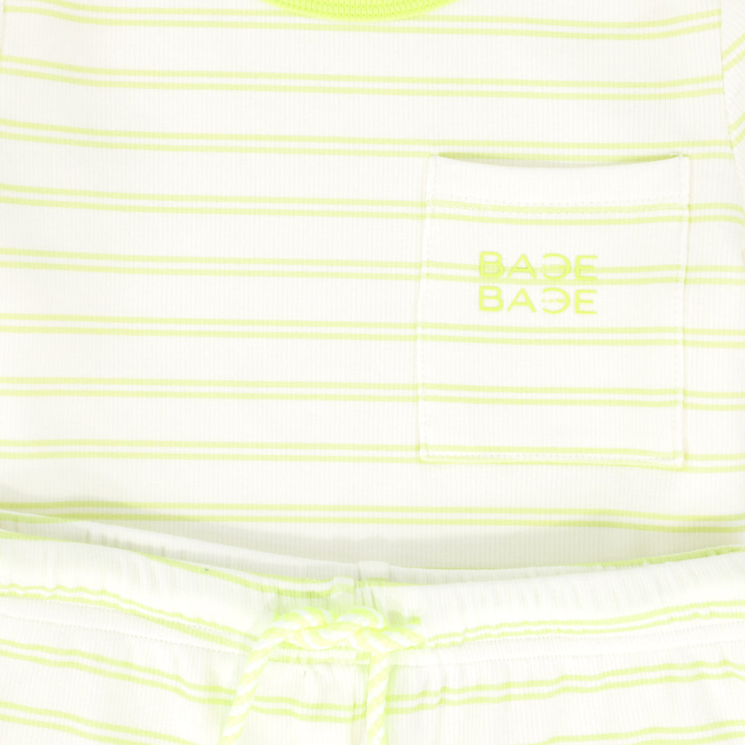 C-26232-Striped Ribbed T-shirt Set-Yellow