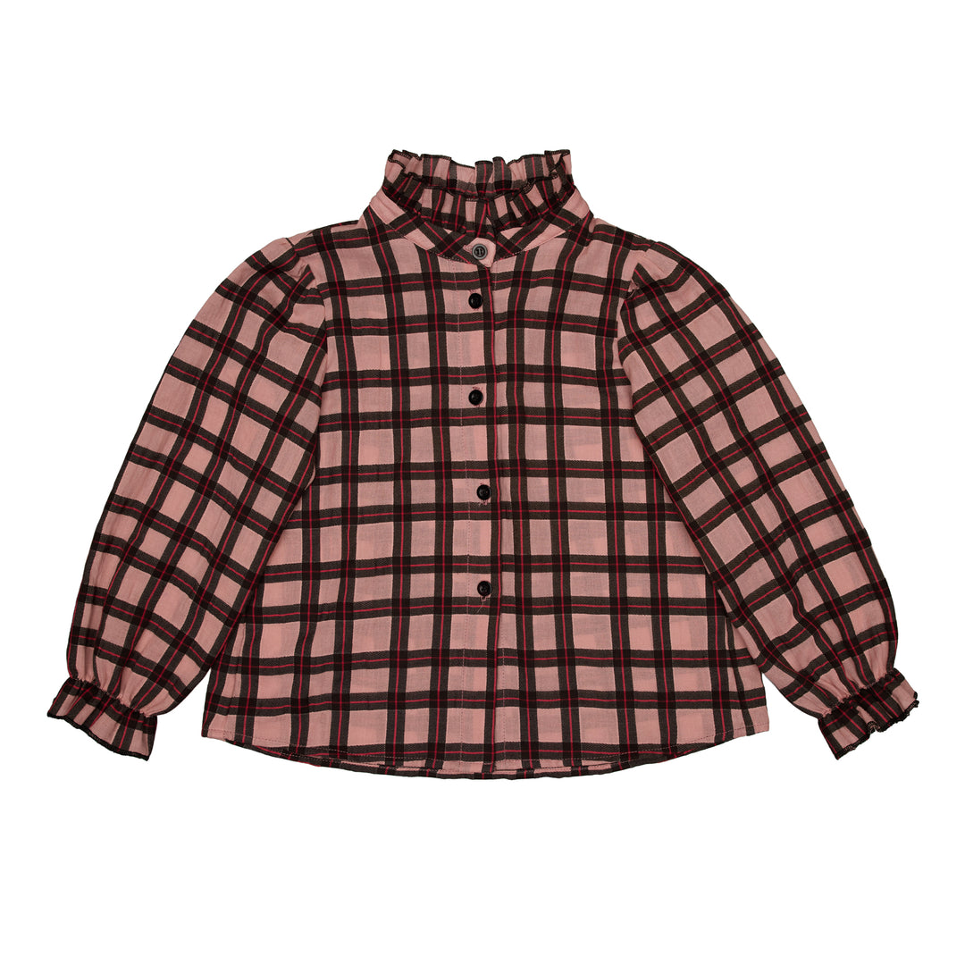 Iris Cotton Blouse With Ruffled Stand-up Collar - Pink Cheks